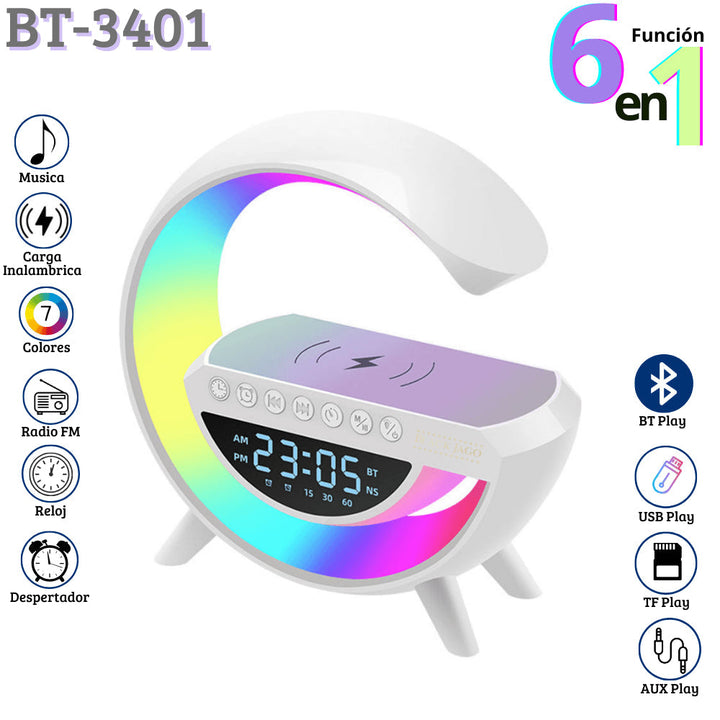 Lámpara Tipo G con Parlante Bluetooth: Iluminación, Música y Carga Inalámbrica